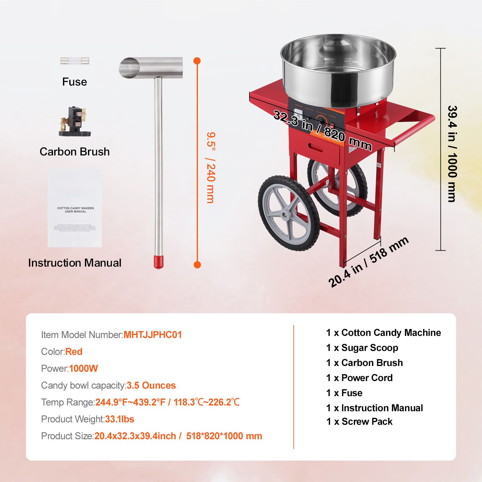 Commercial Cotton Candy Machine Cart - 전기 솜사탕 기계(카트 포함), 1000W 상업용