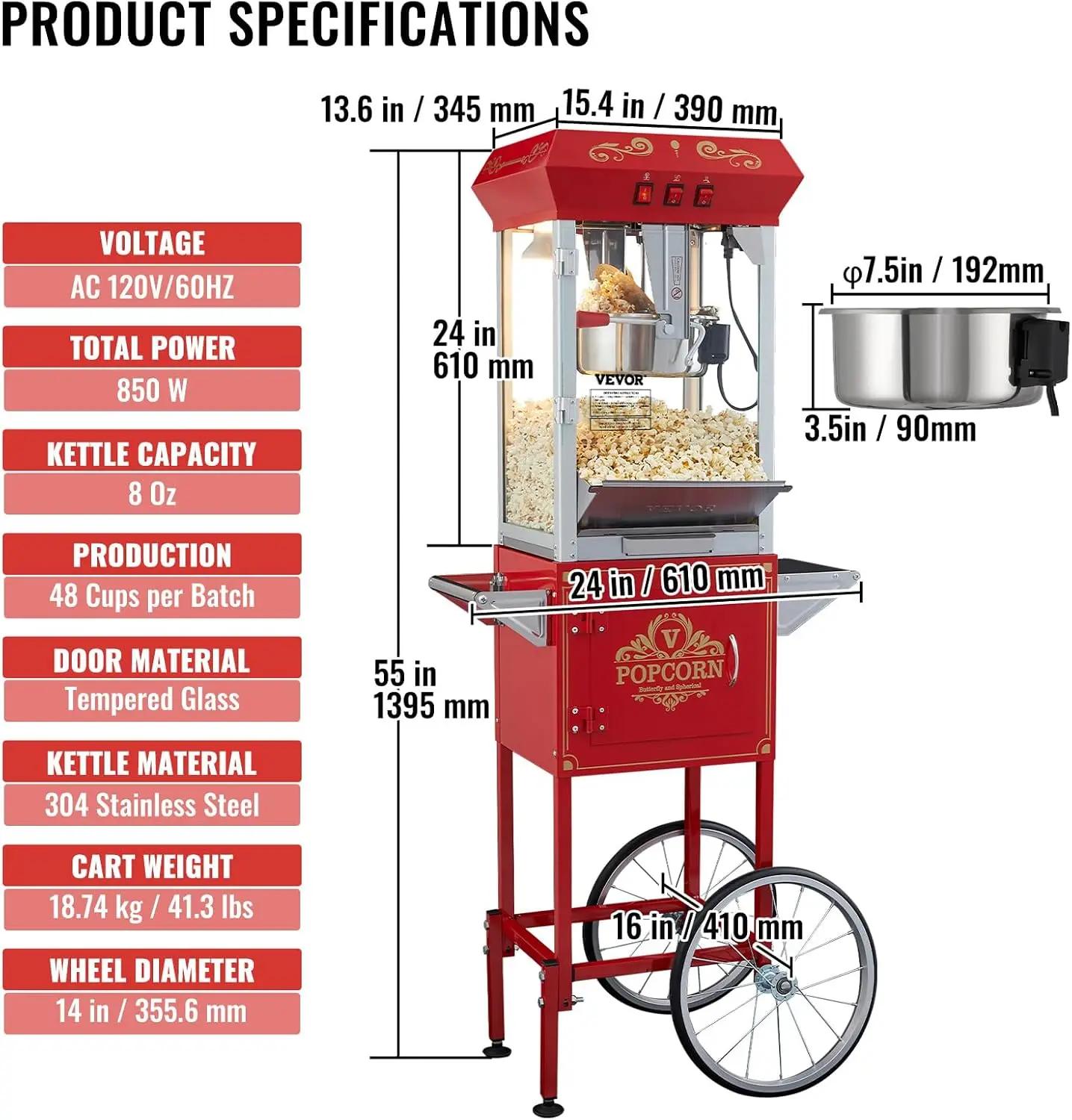 상업용 팝콘 기계, 8온스 케틀, 850W 바퀴 달린  - Commercial Popcorn Maker 8Oz 리뷰 및 가격